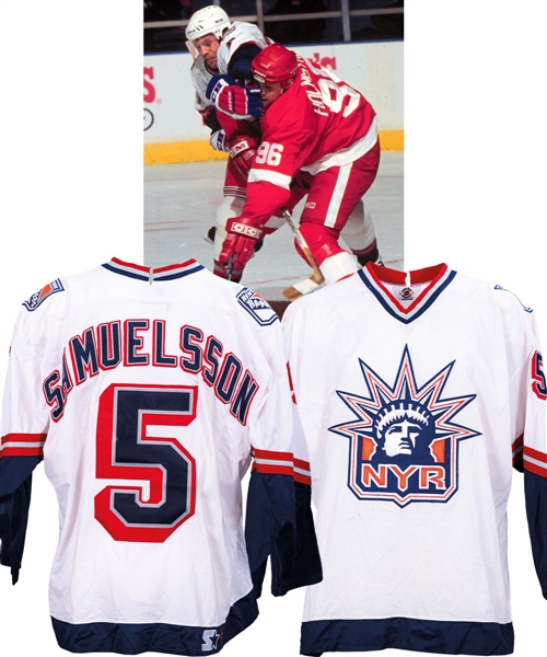 Ulf Samuelssons 1998-99 New York Rangers "Lady Liberty" Game-Worn Third Jersey - Team Repairs! 