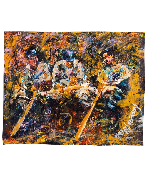 Tremendous Babe Ruth, Lou Gehrig and Joe DiMaggio New York Yankees “The Big Apple’s Finest” Original Painting on Canvas by Renowned Artist Murray Henderson (17” x 21”) 