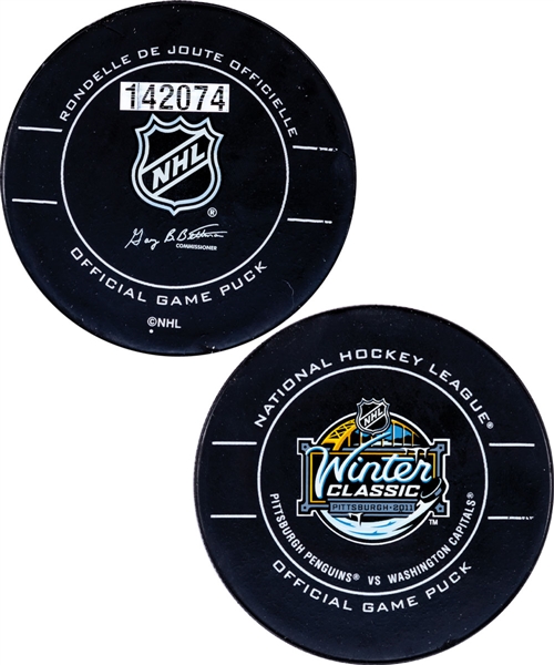 Evgeni Malkins 2011 NHL Winter Classic Pittsburgh Penguins Goal Puck with LOA (Assisted by Letang and Fleury) - 14th Goal of Season / Career Goal #157