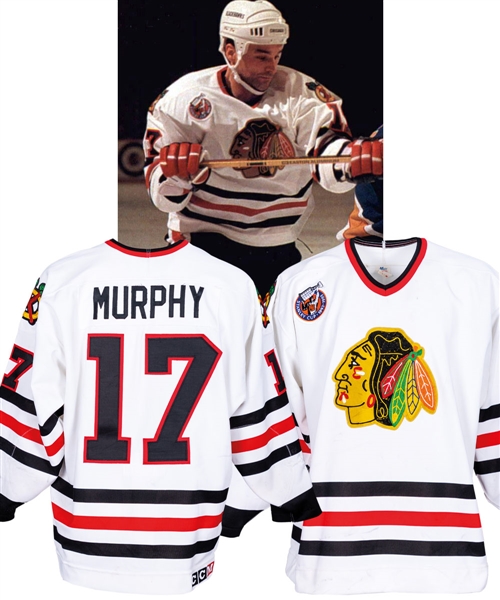 Joe Murphys 1992-93 Chicago Black Hawks Game-Worn Jersey - Centennial Patch! - Team Repairs!