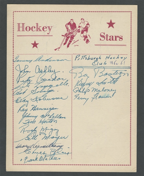 AHL Pittsburgh Hornets 1950-51 Team-Signed Sheet from the E. Robert Hamlyn Collection Featuring Deceased HOFers Tim Horton and Fern Flaman and HOFer George Armstrong