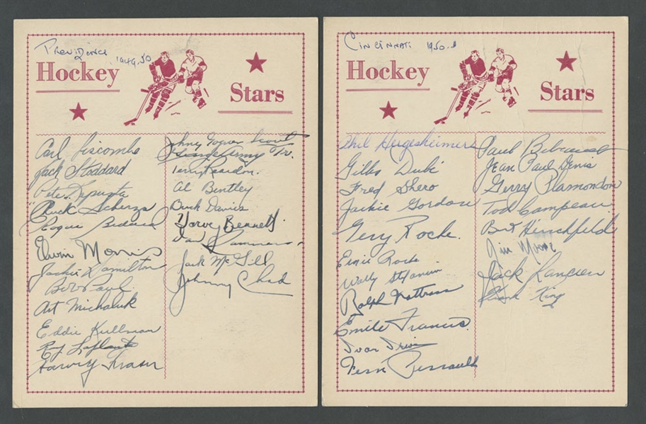 AHL Providence Reds, Cleveland Barons and Cincinnati Mohawks 1949-51 Team-Signed Sheets (3) from the E. Robert Hamlyn Collection Featuring Deceased HOFers Bun Cook, Johnny Bower and Fred Shero
