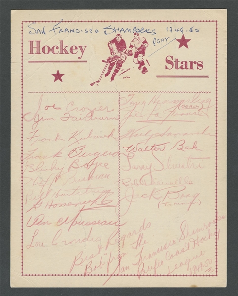 PCHL San Francisco Shamrocks, Tacoma Rockets, San Diego Skyhawks and Vancouver Canucks 1949-50 Team-Signed Sheets (4) from the E. Robert Hamlyn Collection