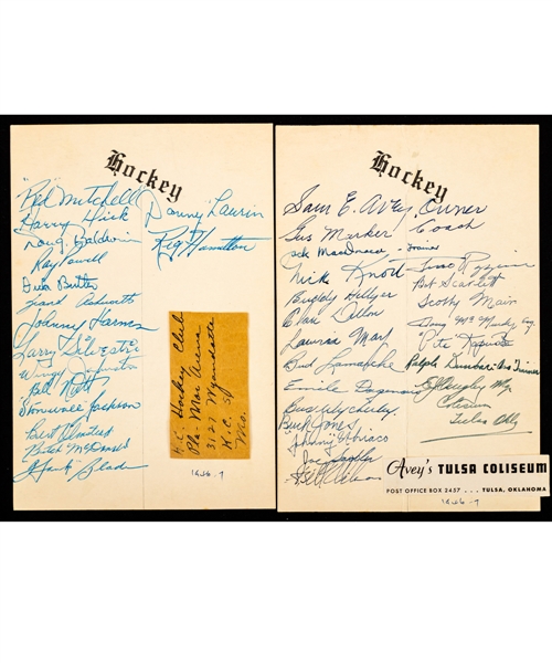 USHL 1946-47 Tulsa Oilers, Kansas City Pla-Mors (Bert Olmstead), Fort Worth Rangers, St. Paul Saints and Dallas Texans Team-Signed Sheets (5) from the E. Robert Hamlyn Collection