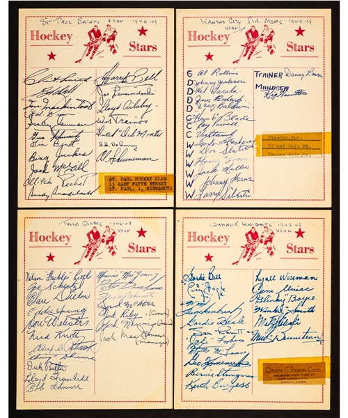 USHL 1948-49 Kansas City Pla-Mors, Tulsa Oilers, Omaha Knights and St. Paul Saints Team-Signed Sheets (4) from the E. Robert Hamlyn Collection
