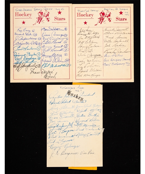 MSHL, PSHL, QSHL & QHL 1940s/1950s Moncton Hawks, Victoriaville Tigres, Sherbrooke Saints and Trois-Rivieres Lions Team-Signed Sheets and Programs (5) from the E. Robert Hamlyn Collection
