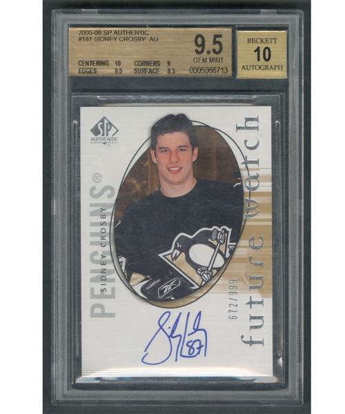 2005-06 SP Authentic Hockey Card #181 Sidney Crosby Rookie Autograph "672/999" - Beckett-Graded Gem Mint 9.5