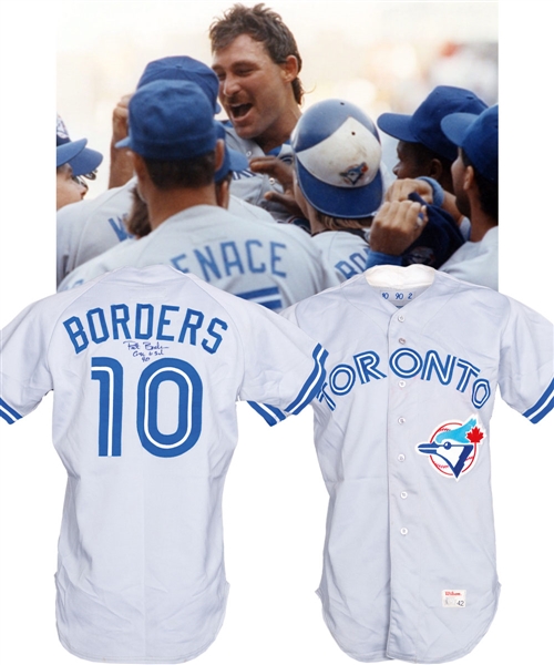 Pat Borders’ 1990 Toronto Blue Jays Signed Game-Worn Jersey - Attributed to Have Been Worn in Dave Stieb’s No-Hitter!