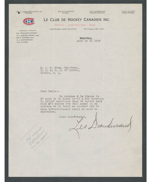 Deceased HOFer Leo Dandurand Signed 1929 Montreal Canadiens Letterhead
