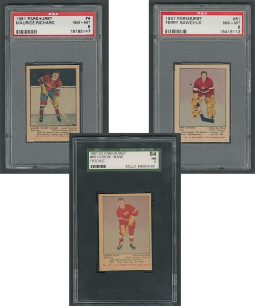 1951-52 Parkhurst Hockey PSA/SGC/KSA-Graded Complete High Grade 105-Card Set Including #4 Maurice Richard RC (PSA NM-MT 8), #61 Terry Sawchuk RC (PSA NM-MT 8) and #66 Gordie Howe RC (SGC NM 7)
