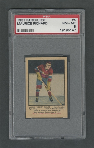 1951-52 Parkhurst Hockey Card #4 HOFer Maurice Richard RC - Graded PSA NM-MT 8