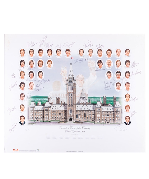 Rod Seiling’s 1972 Canada-Russia Series "Canadas Team of the Century" Team-Signed Limited-Edition #16/40 PE Lithograph from His Personal Collection with His Signed LOA
