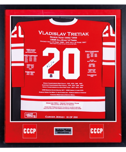 Vladislav Tretiak Signed Limited-Edition CCCP Career Jersey Framed Display (42” x 47”)