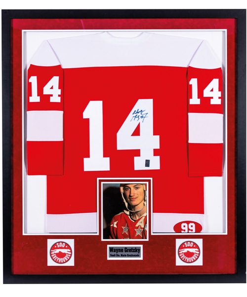 Wayne Gretzky Signed Sault Ste. Marie (Soo) Greyhounds Jersey Framed Display with WGA COA (42” x 47”)