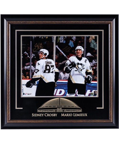 Sidney Crosby and Mario Lemieux Pittsburgh Penguins Dual-Signed Framed Photo from Frameworth (30” x 31”) 