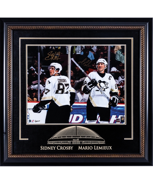 Sidney Crosby and Mario Lemieux Pittsburgh Penguins Dual-Signed Framed Photo from Frameworth (30” x 31”) 