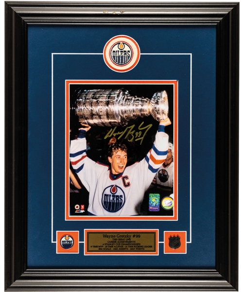 Wayne Gretzky Signed Edmonton Oilers Framed "Hoisting the Cup" Photo Display with WGA COA (17” x 21”)