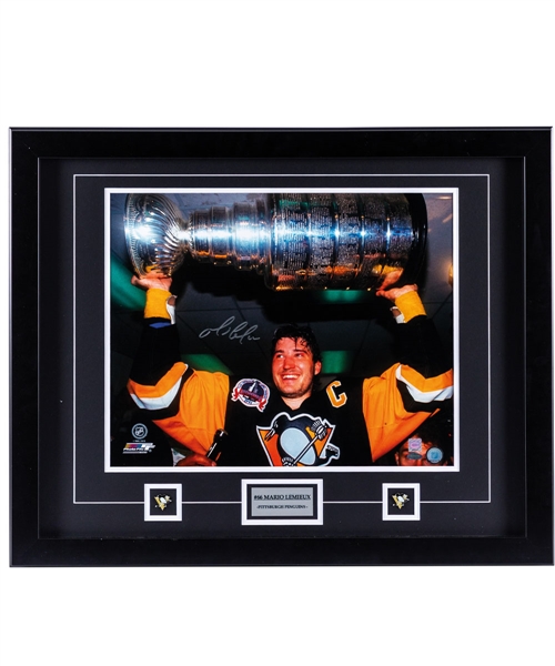 Mario Lemieux Signed Pittsburgh Penguins Framed Stanley Cup Photo Display with Steiner COA (25” x 31”) 