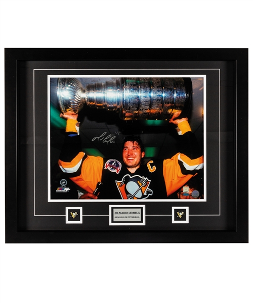 Mario Lemieux Signed Pittsburgh Penguins Framed Stanley Cup Photo Display with Steiner COA (25” x 31”) 