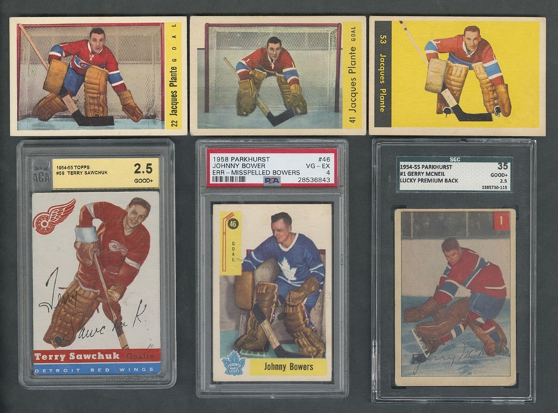 1958-65 Jacques Plante Hockey Cards/Coins (9), 1958-65 Johnny Bower Hockey Cards/Coins (3), 1954-55 Topps #58 Terry Sawchuk, 1954-55 Parkhurst #1 Gerry McNeil and More