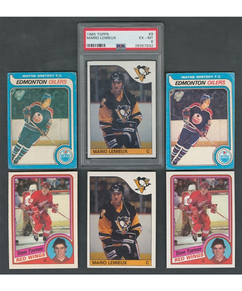 1979-80 O-Pee-Chee #18 Wayne Gretzky RC Cards (2), 1985-86 Topps #9 Mario Lemieux RC Cards (4), 1984-85 O-Pee-Chee/Topps #67 Steve Yzerman RC Cards (6)