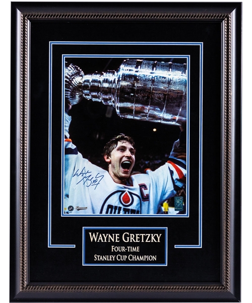 Wayne Gretzky Signed Edmonton Oilers Framed "Four-Time Stanley Cup Champion" Photo Display with WGA COA (20 ¼” x 26 ¼”)