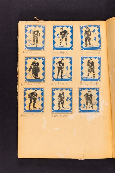 1930s Sports Scrapbook with 1937-38 O-Pee-Chee Series "E" (V304E) Hockey Cards (31) and 1933-34 World Wide Gum Ice Kings V357 Hockey Card #36 Howie Morenz