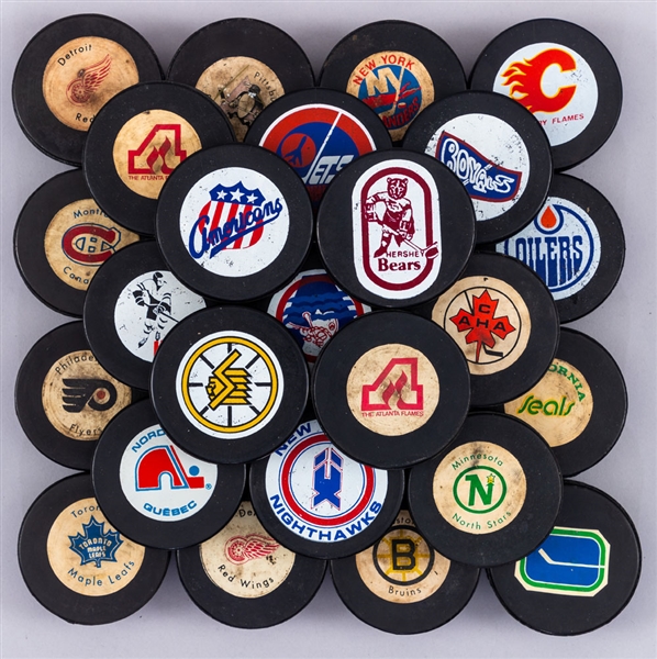 1972-1983 Biltrite WHA, Rawlings, InGlasCo and Other Maker Game and Souvenir Puck Collection of 45