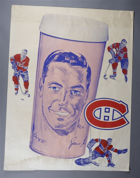 Scarce Montreal Canadiens 1965-66 Steinberg Promotional Glasses Jean Beliveau Store Advertising Poster (40" x 53")