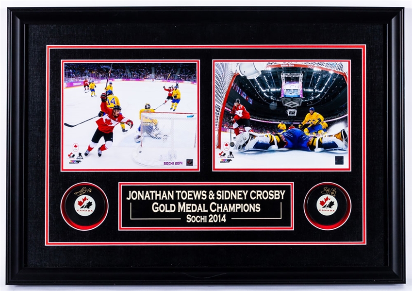 Sidney Crosby and Jonathan Toews Signed Team Canada 2014 Sochi Olympics Puck and Photo Display with Frameworth COA and Multi-Signed Canadian Women’s National Team Jersey 