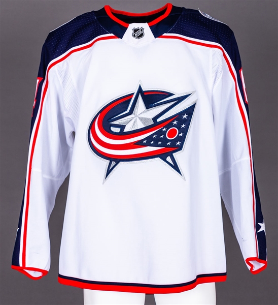 Tyler Motte’s 2017-18 Columbus Blue Jackets Game-Worn Rookie Era Jersey with Team LOA - NHL Centennial Patch - Team Repairs! 