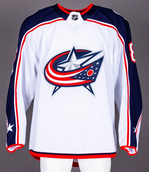 Zach Werenski’s 2017-18 Columbus Blue Jackets Game-Worn Jersey with Team LOA – NHL Centennial Patch!