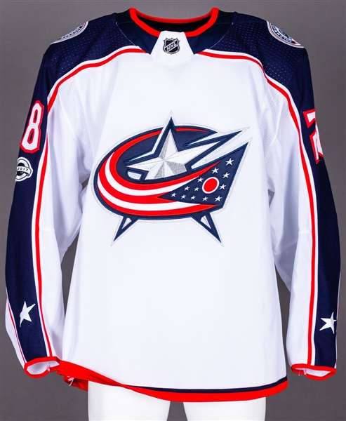 Oliver Bjorkstrands 2017-18 Columbus Blue Jackets Game-Worn Jersey with Team LOA – NHL Centennial Patch!