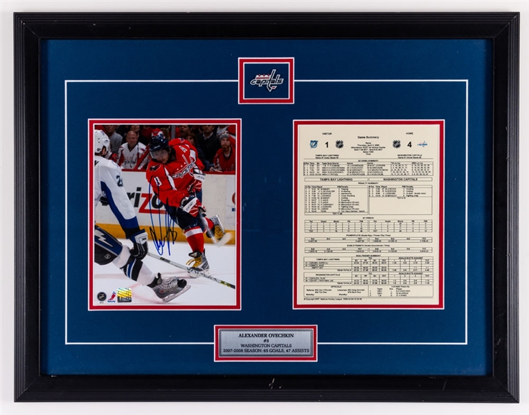 Alexander Ovechkin Washington Capitals Signed 2007-08 65th Goal Framed Display Plus Nicklas Backstrom and Alexander Semin Signed Framed Photos – LOAs