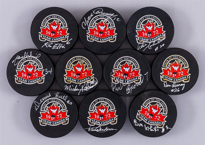 1972 Summit Series Team Canada "Team of the Century" Signed Puck Collection of 10 Including Paul Henderson and Bill White with LOA
