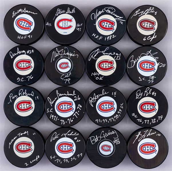 Montreal Canadiens 1970s Dynasty Greats Signed Puck Collection of 16 Featuring 8 HOFers and Including Lafleur and Bowman with LOA