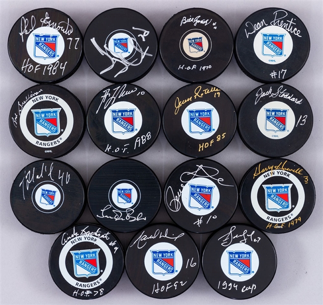 New York Rangers All-Time Greats Signed Puck Collection of 15 Including Gadsby, Bathgate and Howell with LOA