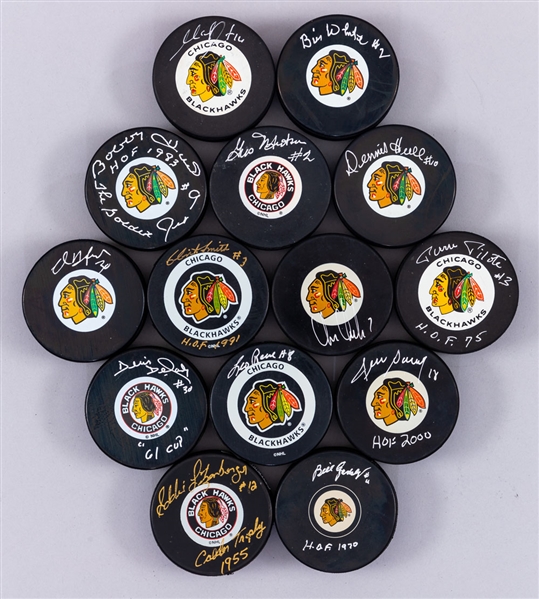 Chicago Black Hawks All-Time Greats Signed Puck Collection of 14 Including Hull, Gadsby and Pilote