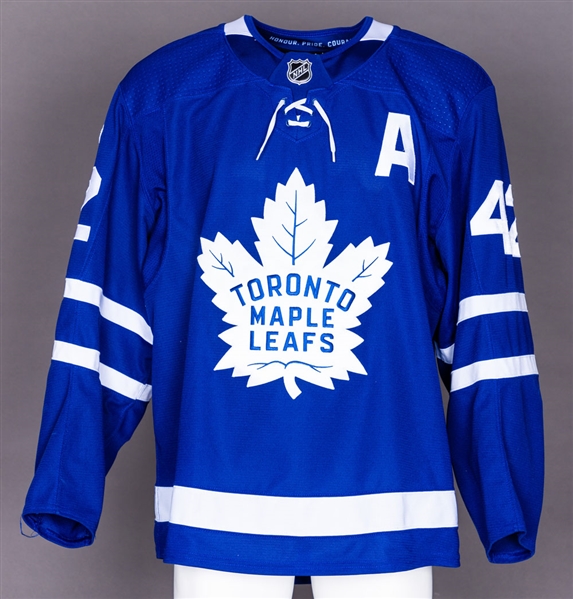 Tyler Bozak’s 2017-18 Toronto Maple Leafs Game-Worn Alternate Captain’s Jersey with Team COA – Team Repairs - Photo-Matched!