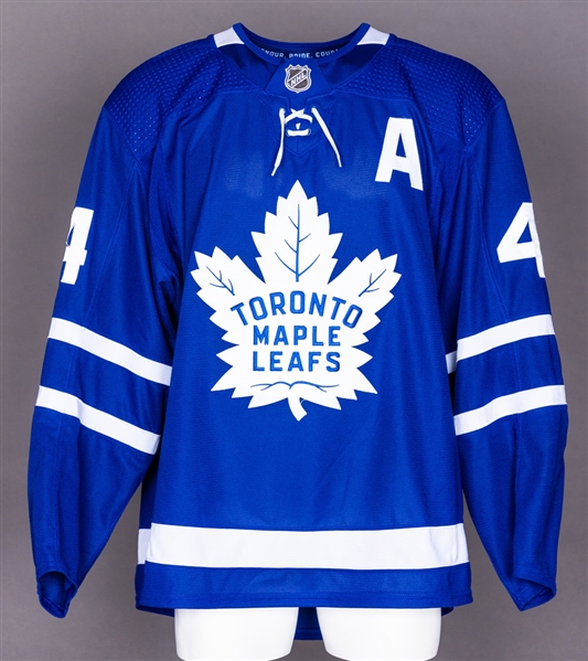 Morgan Rielly’s 2017-18 Toronto Maple Leafs Game-Worn Alternate Captain’s Jersey with Team COA – Team Repairs - Photo-Matched!