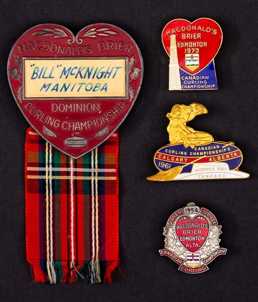 Bill McKnight 1938 MacDonalds Brier Participant Badge Plus MacDonalds Brier 1954, 1961 and 1973 Canadian Curling Championships Pins