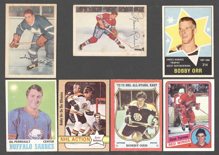 1950s to 1980s Hockey Card Collection of 69 Including 1953-54 Parkhurst #13 Tim Horton and #24 Maurice Richard, 1960-61 Topps Stamps (6) and Much More