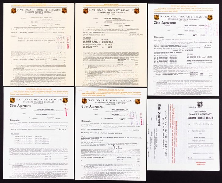 Toronto Maple Leafs 1970s Official NHL Contracts (6) of Including Signatures of Deceased HOFers John A Ziegler, Clarence Campbell, Punch Imlach and Jim Gregory