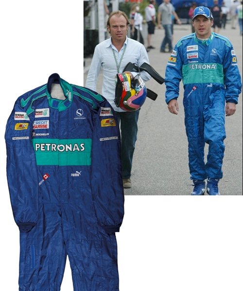 Jacques Villeneuves 2005 Credit Suisse Sauber Petronas F1 Team Signed Race-Worn Suit with His Signed LOA