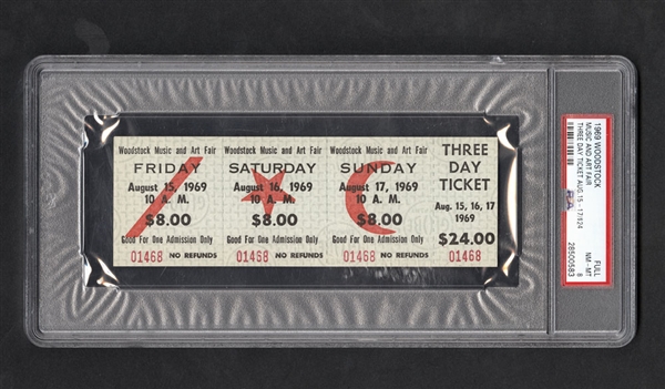 Historic 1969 Woodstock Music Festival Full 3-Day $24.00 Unused Ticket - Graded PSA 8 NM-MT