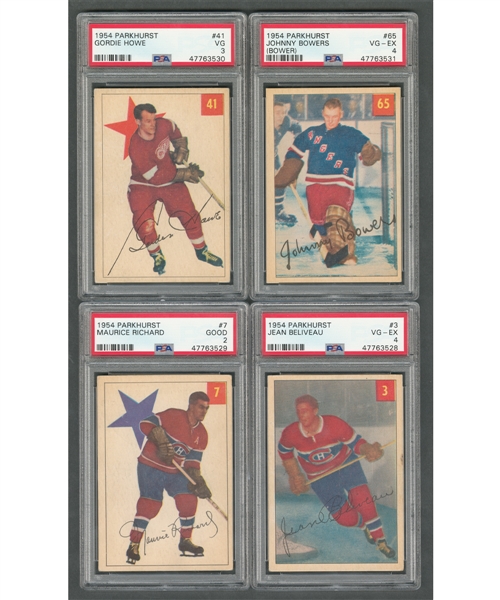 1954-55 Parkhurst Hockey Complete 100-Card Set with PSA-Graded Cards (4) Including #3 Beliveau (VG-EX 4), #7 Richard (Good 2), #41 Howe (VG 3) and #65 Bower RC (VG-EX 4)
