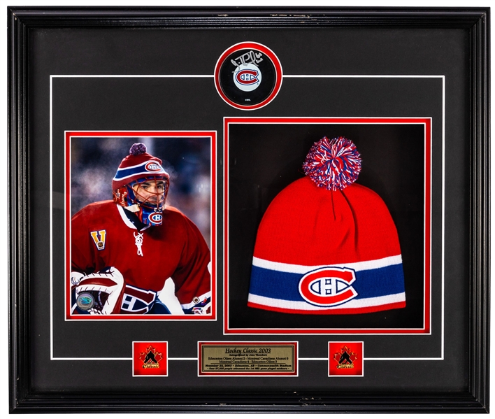 Patrick Roy Signed Montreal Canadiens Jersey (JSA Certified), Mid-2010s Montreal Canadiens Team-Signed Jersey and Jose Theodore Signed 2003 Winter Classic Framed Display (22 ½” x 27”)