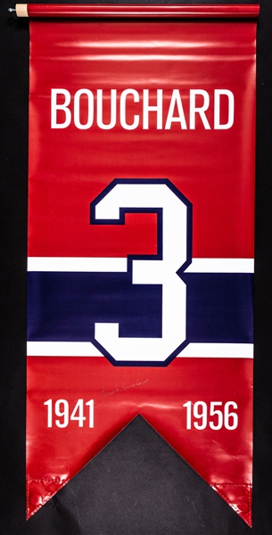Emile "Butch" Bouchard Signed Montreal Canadiens #3 Jersey Number Retirement Banner with LOA (20 ½” x 48”)
