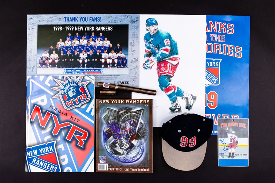 Wayne Gretzky New York Rangers April 18th 1999 Final Game Post Party Signed Cap, Signed Pass and Silver Cigar Holder Plus Final Game Media Kit from MSG