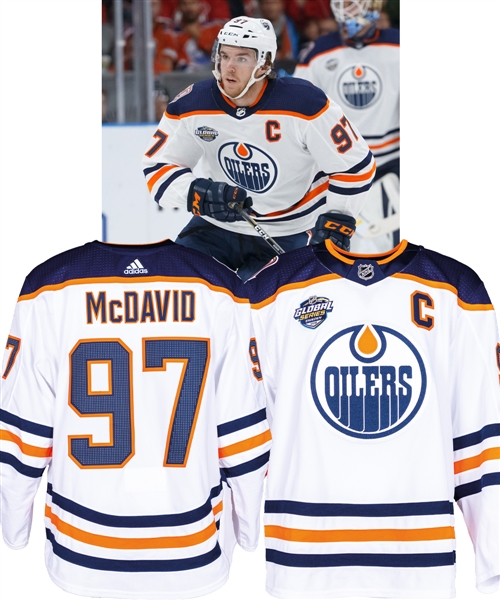 Connor McDavids 2018-19 Edmonton Oilers "Global Series" Game-Worn Captains Jersey with Team LOA - Global Series Sweden and 40th Patches!